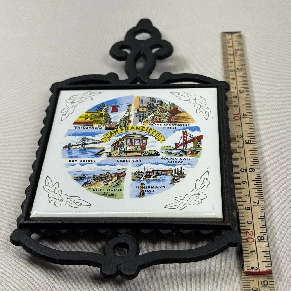 Vintage Tile Cast Iron Trivet San Francisco SNCO Japan Cable Car Chinatown 9.25